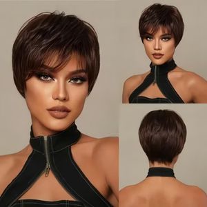 Human Hair Pixie Cut Wig para mulheres negras sem glóbulos de cabelos naturais pretos com franja arrumada Máquina de pixie cortada