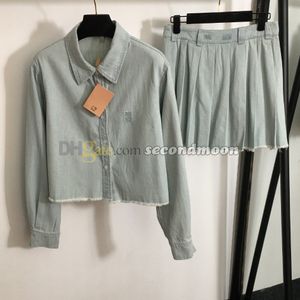 Women Denim Skirt Long Sleeve Shirt Jacket Lapel Neck Jean Coat Casual Style Pleated Skirts