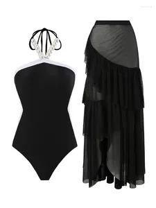 Женские купальные костюмы Элегантный твердый цвет женский пляжный купальник с одним куском черной галстуки с бисером с сети с сеткой