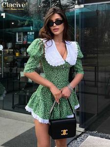 Basic Casual Dresses Two Piece Dress Clacive Summer Slim Print Womens Dress 2023 Bodycon Doll Neck Short Sleeve Mini Dress Elegant Lace Patch Work Womens DressL2405