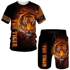 Herrspårar 3D-tryck djur tiger män t-shirts shorts set mens spårdräkter mode överdimensionerade t-shirt byxor set man dräkter män kläder t240507