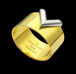 New Fashion Style Lady Titanium Steel Colorant Match V Letter 18k Gold Plated Wide Yellow gold Bracelet Bangle7647611