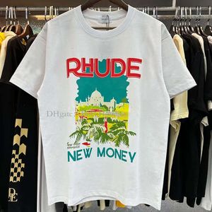 Mens Tshirts Rhude Tshirt Castle Coconut Tree Windowsill Scenic Casual Loose Breattable Kort ärm T -skjorta Män Kvinnor Par Topp tee 93