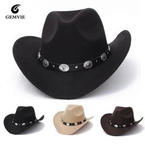 Vintage Western Women Cowboy Hat For Men Wide Brim Jazz Cap With Leather Belt Sombrero Four Seasons 240423