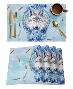 テーブルマット水彩狼の花の羽毛スノーフレークブルーコーヒーディッシュマットキッチンプレースマットダイニングラグディナーウェア4/6PCSパッド