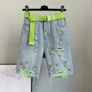 Frauen Shorts Green Diamond Ripped Loch Denim Frauen hohe Taille Perlen lässig losen halbe Hosen Sommer Streetwear Frauen