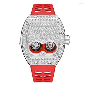 ساعة معصم Pintime Original Luxury Full Diamond Iced Out Watch Bling-Ed Rose Gold Case Red Silicone Strap Clock Quartz for Men 253H