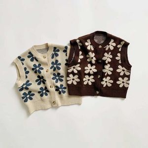 セット秋の赤ちゃんニットベストレトロフローラルノースリーブの子供カーディガンガールボーイセーター服ファッションQ240508