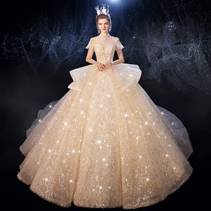 Prinzessin Ballkleid Brautkleider ärmellose Hochkragen 3D-Spitzen-Pailletten Appazen Appliquen Sweep Zug Schnürbrautkleider Promi-Kleider Plus Size Custom Made D502401