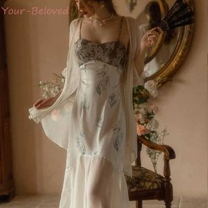 Women's Robe Chinese Style Nightgown Print Sleepwear Fairy Nightdress Set Sexy Mesh Robe Suit Women Satin Loungewear Summer New Lingerie