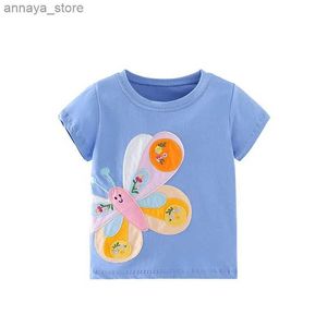 T-shirts Jumping Meters 2-7T Girls T-shirt 2024 Summer Childrens Clothing Short sleeved Childrens T-shirt Top Baby Butterfly Decal ShirtL2405