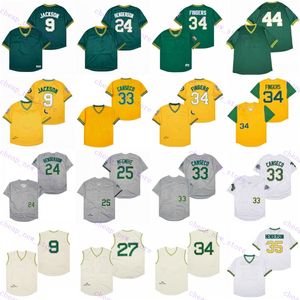 安い野球ジャージ9ジャクソン /24ヘンダーソン /33 Canseco /25 McGwire /27 Hunter /34 Fingers /44 Jackson Vintage Retro Cream White Yellow Green Stitched