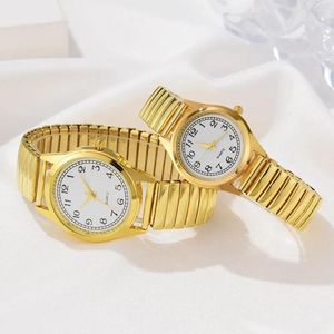 Wristwatches 2 PCS Of Gold Retro Round Pointer Quartz Watch Classic Simulation Elastic Band Suitable For Both Male And Female Couples