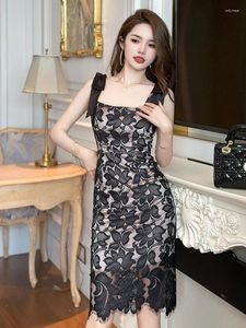 Casual Dresses Retro Women's French Sexy Summer Dress Black Lace Hollow Bow Strap Wrap Hip Robe Evening Party Prom Carnival Vestidos Femme