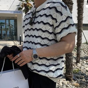 Trendy Striped Jacquard Mens T Shirts Knitted O Neck Short Sleeve Hollow Out Knit T-shirts Summer Fashion Slim Men Knitted Tees 240506