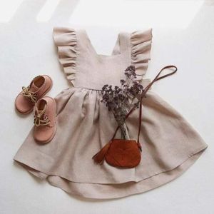 mode spädbarn flickor bomullsklänning linne muslin kort kjol ärmlös ruffle dekoration mode babykläder