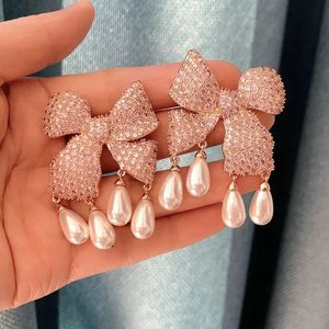 Bilincolor Trendy Cubic Zirconia Big Butterfly Knot Tassel Earring For Women Wedding Luxury Jewelry With White Pearl Dangling 240506