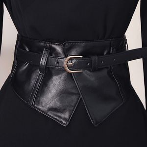 Женщины моды Peplum Wide Pu Эластичные ремни Слим Корсет Черное искусственное кожаное платье талия ремня каммербунд