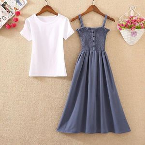 Work Dresses Summer Woman Matching Set Fashion Shirt And Strap Dress Two Piece Chic Elegant Midi Length Skirts Suits G311