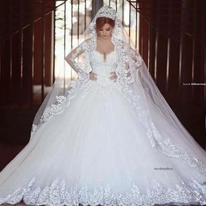 Saidmhamad Long Sleeves Lace Applique Crystals Ball Gown Wedding Dresses Chapel Train Amazing New Bridal Gowns 0509