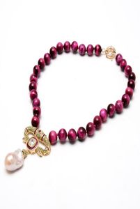 GuaiGuai Jewelry Natural Smooth Round Fuchsia Tiger Eye Necklace Cubic Zirconia CZ Pave Pink Keshi Pearl Pendant For Women7909540