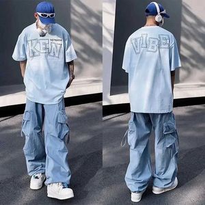 Men's Pants HOUZHOU Y2K Mens Cargo Pants Hip Hop Harajuku Parachute Cargo Mens Blue Japanese Loose Casual Street Clothing Hip HopL2405