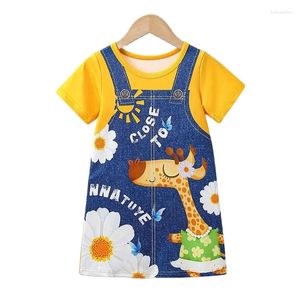 Girl Dresses Girls Girls Summer Cartoon Giraffe Abito a maniche corte a maniche corta con un singolo pezzo di moda stampata a fascia