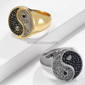 Retro Gold Plated Balance Yinyang Black White Diamond Chunky Ring for Men Stainless Steel Finger Taiji Rings Fashion Jewelry