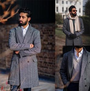 Men039s Suits Blazers HerringBone Grey Men Overcoat Tjock varm plus storlek Doublebrasted Long Coat Casual Formal BusinessCust3559902