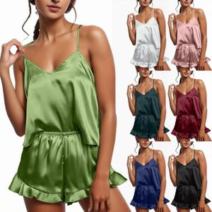 Kvinnors sexig siden Satin Ruffled Pyjamas Set Shorts Sleepwear Set Nightwear 240423