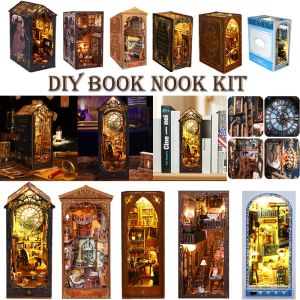 Miniaturas Diy Book Corner Micro House Kit de Wooden Bookcase Inserir LED LUZ DOLL HOUS