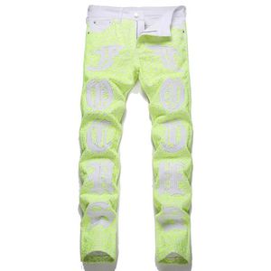 Men's Jeans Mens Y2K neon green denim jeans street clothing spider web letters embroidered pants ultra-thin straight Q240509