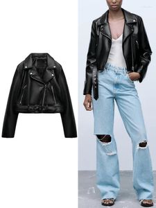 Jackets femininos 2024 com canto de zíper de cinto e outono de inverno Fashion Shooting Shooting Loose Faux Leather Biker Short