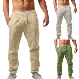 Calça masculina linho de algodão outono de outono clássico de cor macia e respirável de calças de cor de fitness solta de streetwear causal