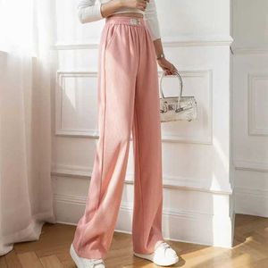 Frauenhose Capris grn Ice Seide elastische vertikale Weitbeinhose Damen Frühling und Sommer -Leuchttasche Streifen hohe Taille Freizeit gerade Hosen Y240509