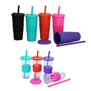 700ml 24oz Matte Skinny Plastic Tumbler Straw Cups Double Walled Milk Tea Coffee Mugs With Silicone Sleeve Tumblers