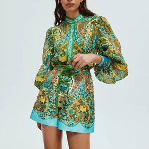 Designer Dwuczęściowy zestaw 2024 Spring/Summer New Style Vintage Printed Bubble Rleeves Lose Sleved Lose Ramie Shirt z zestawem krótkich krótkich talii