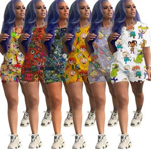 Designer Women 2 Piece Set Cartoon Printed Tracksuit Tshirt Shorts Sports Sy Tie Dye T Shirt Pant Sportswear Summer Casual Clot5611108