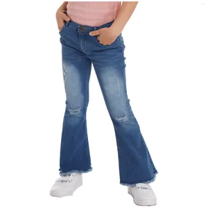 Jeans femininos 2024 crianças garotas calças de calça primavera de outono zíper da zíper da virilha rasgada de sino com garras longas calças casuais longas