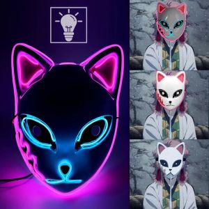 Masker LED Glowing Cat Face Mask for Women Demon Slayer Cold Light Fox Mask Masquerade Cosplay Props Bar Haunted House Party Decor