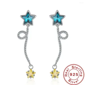 Brincos de garanhão brilhante Crystal Blue Amarelo para Mulheres Personalidade 925 Sterling Silver noivado Charme Charme fofo Longo Brincô