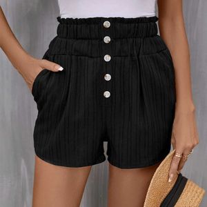 Shorts femininos shorts femininos para shorts de cintura elástica casual de verão com bolsos Botões para caminhada Roupas de primavera Y240504