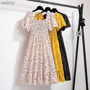 Vestidos casuais básicos Vestido de chiffon da primavera/verão Midi Midi Womens Women manga curta cintura elástica de flor estampada dobra de costas Vestido casual xw