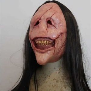 Mascheri per feste 2022 Nuovo Halloween Horror Long Hair Devil Red Face Mask Abbigliamento in lattice senza denti Q240508