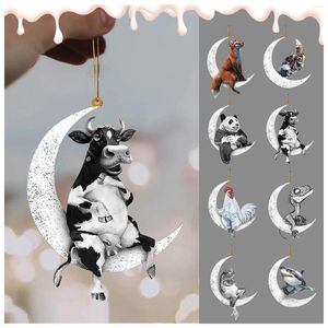 Decorative Figurines Home Decoration Acrylic Plane Pendant 2d Animal Hanging Ornament"Animals Sitting On The Moon" Xmas Tree