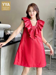 Casual Dresses Women Fashion Ruffles V Neck Genuine Leather Dress Knee Length A Line Mid Red Vintage Lady Spring Sleeveless Tank