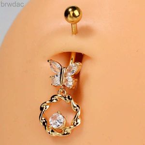 Navel Rings 14G Women Fashion Stainless Steel Belly Button Rings Butterfly Crystal CZ Star Moon Navel Long Dangle Sexy Body Piercing Jewelry d240509