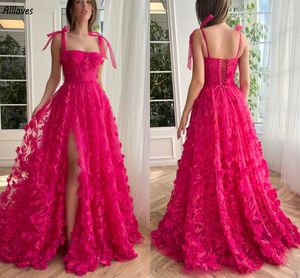 Fuchsia Floral Lace A Line Prom Dresses Aso Ebi Sexy Thigh Split Women Formal Party Gowns With Tulle Spaghetti Straps Floor Length Beautiful Evening Dress CL3551