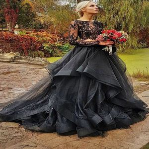 2 sztuki gotyckie czarne kolorowe suknie ślubne z kolorowym złudzeniem koronkowe top falbany organza spódnica boho czarne suknie ślubne Couture 239e