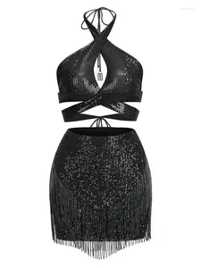 ワークドレスブラック2ピースセット女性服の女性のスカートセットセクシーなVネックホルタークロップトップ
